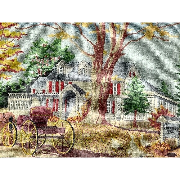 Vintage Large Ornate Wood Framed 22.5 X 17 Needlepoint Fairfield Inn w/ Carriage - Picture 10 of 11
